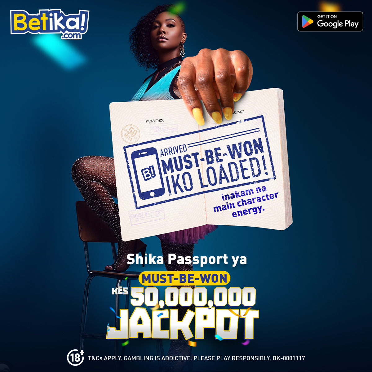 A graphic showing a woman holding a passport showing the Betika Jackpot of Ksh50 million, December 2025.
