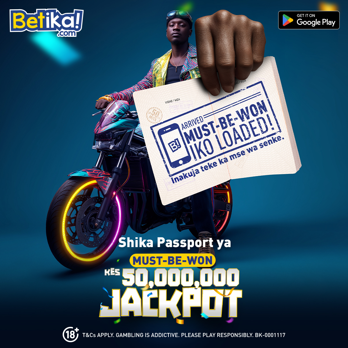 A graphic showing a man on a motorcycle holding a passport showing the Betika Jackpot of Ksh50 million, December 2025.